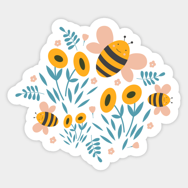 Cute Bee and Flowers Sticker by novaya